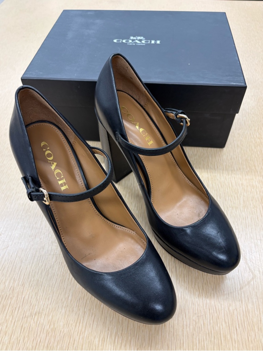 Coach Goldie black leather mary jane heels